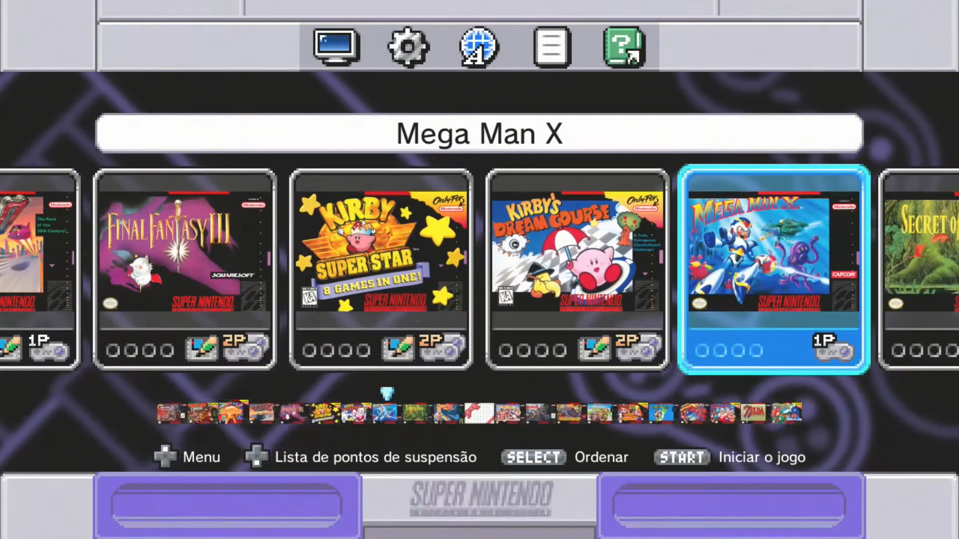 Menu de escolha de games no Snes Classic Edition